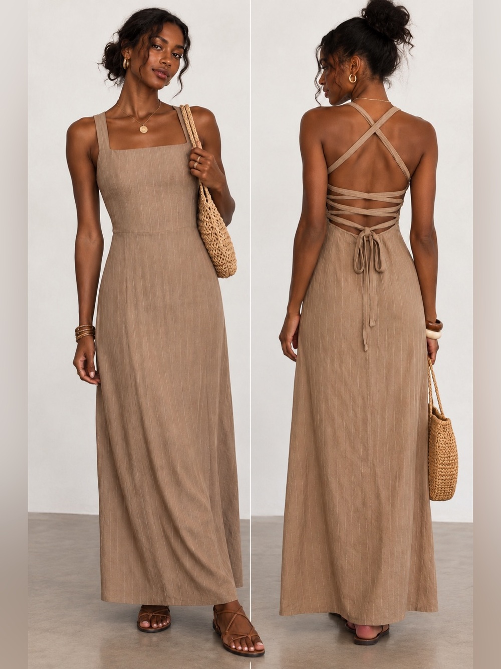 Line & Dot Linen Blend Maxi Dress S Lace Up Open Back Pinstripe Neutral